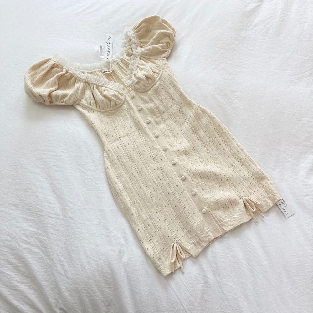 For Love & Lemons Daniela Pointelle Knit Mini Dress Cream Size XS NWT - Picture 2 of 7